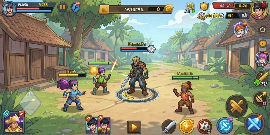 Tangkapan layar ketiga menunjukkan leaderboard dan pencapaian pemain.
